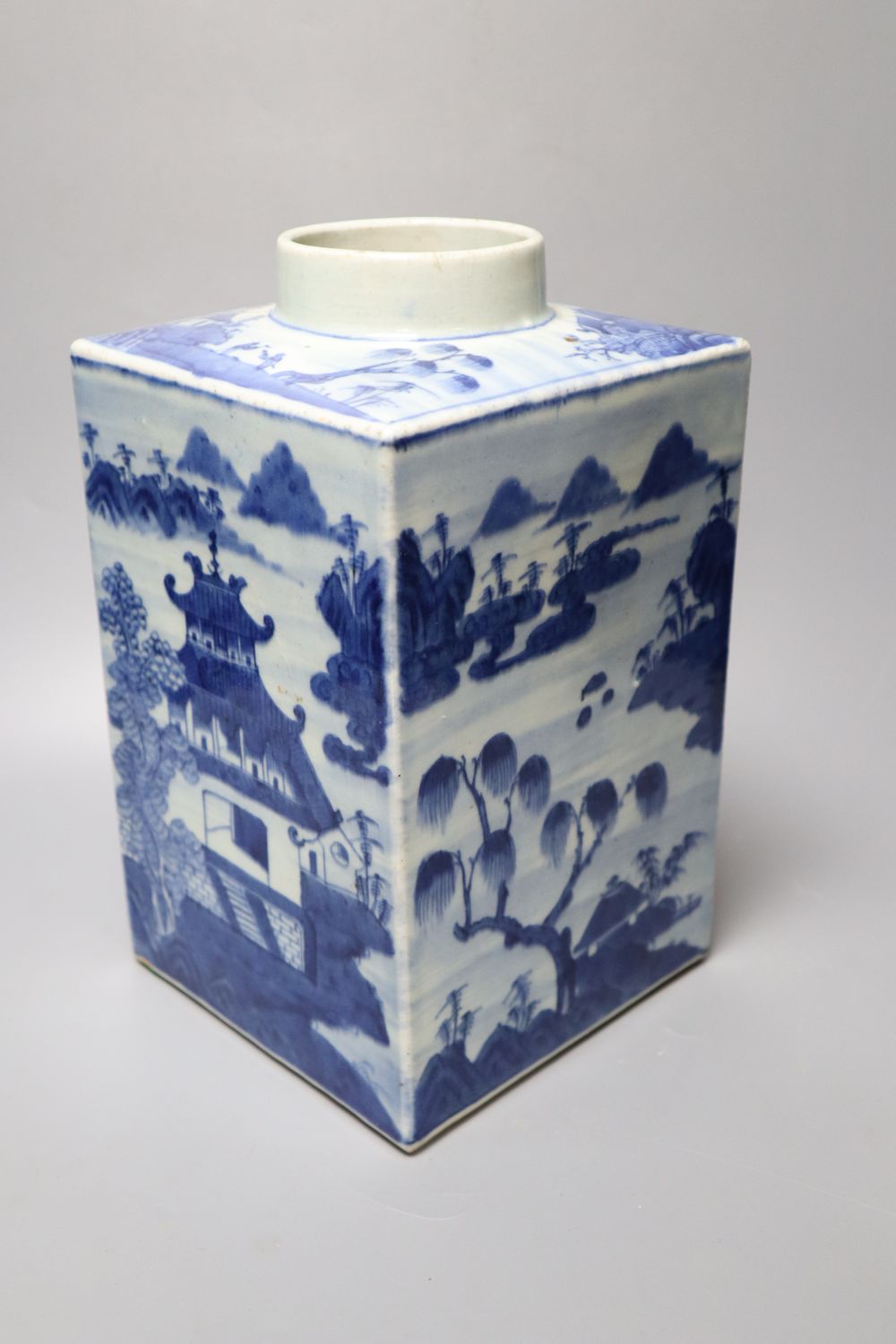 A 19th century Chinese blue and white square canister, height 30cm